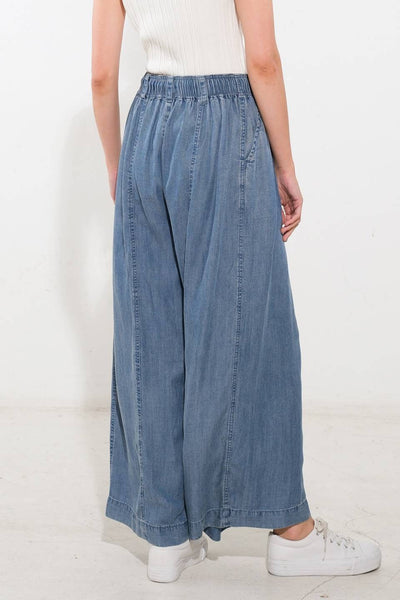 Blue Denim Washed Tencel Wide Leg Pant