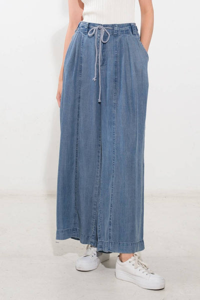 Blue Denim Washed Tencel Wide Leg Pant