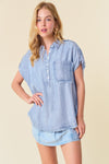 Light Wash Denim Dolman Short Sleeve Blouse