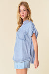 Light Wash Denim Dolman Short Sleeve Blouse