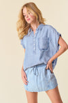 Light Wash Denim Dolman Short Sleeve Blouse