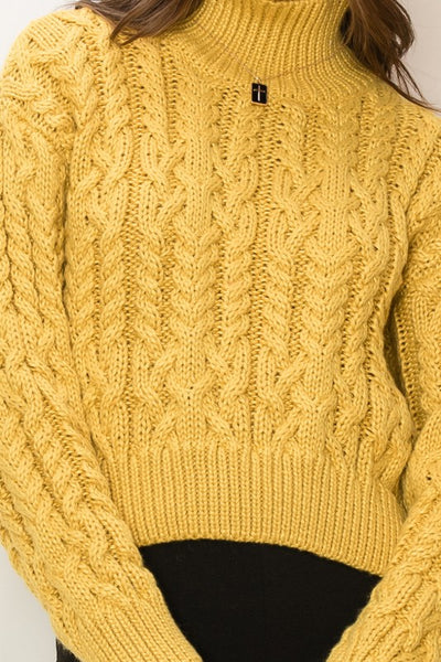 Mustard Colored Cable Knit High Neck Sweater