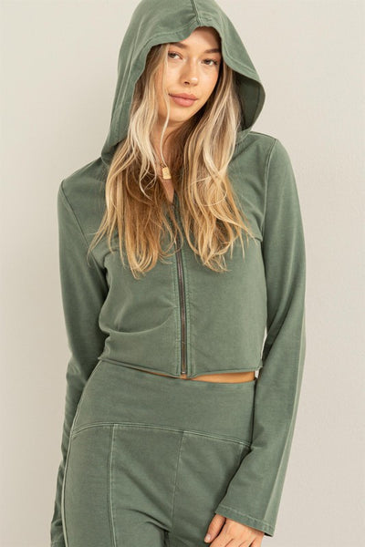 Pale Green Colored Cropped Zip Up Hoodie