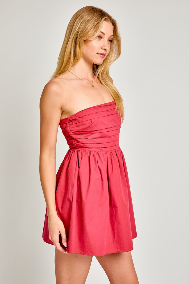 Crimson Strapless Pleated Detail Mini Dress