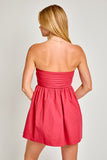 Crimson Strapless Pleated Detail Mini Dress