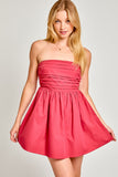 Crimson Strapless Pleated Detail Mini Dress