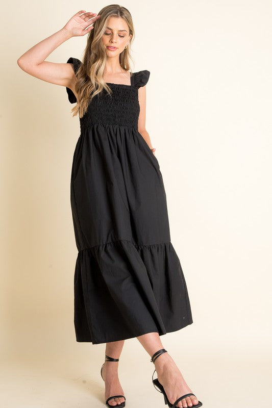 Black Smocked Poplin Maxi Dress
