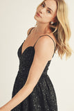 Black Embroidered Floral and Sequin A Line Mini Dress