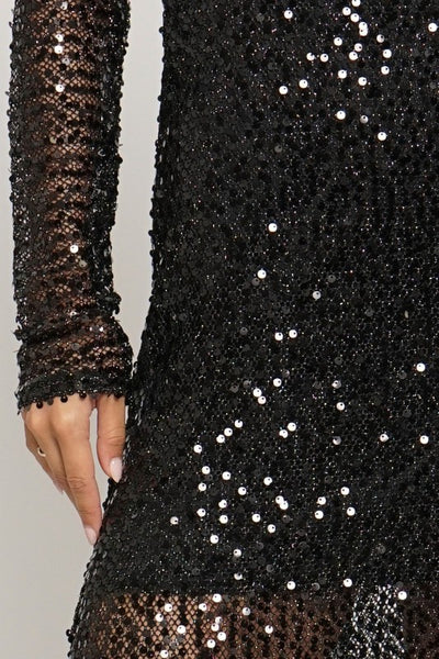 Black Colored Lined Sequin Long Sleeve Dress