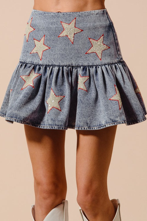Star Sequins Washed Denim Mini Balloon Skirt