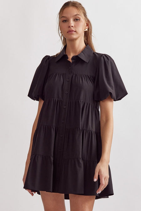 Black Colored Bubble Sleeve Wrap Mini Dress