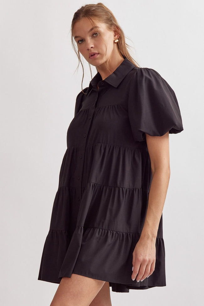 Black Colored Tiered Button Up Puff Sleeve Mini Dress