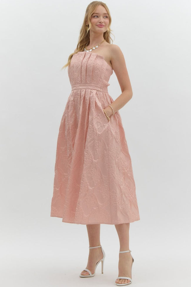 Pink Strapless Woven Midi Dress