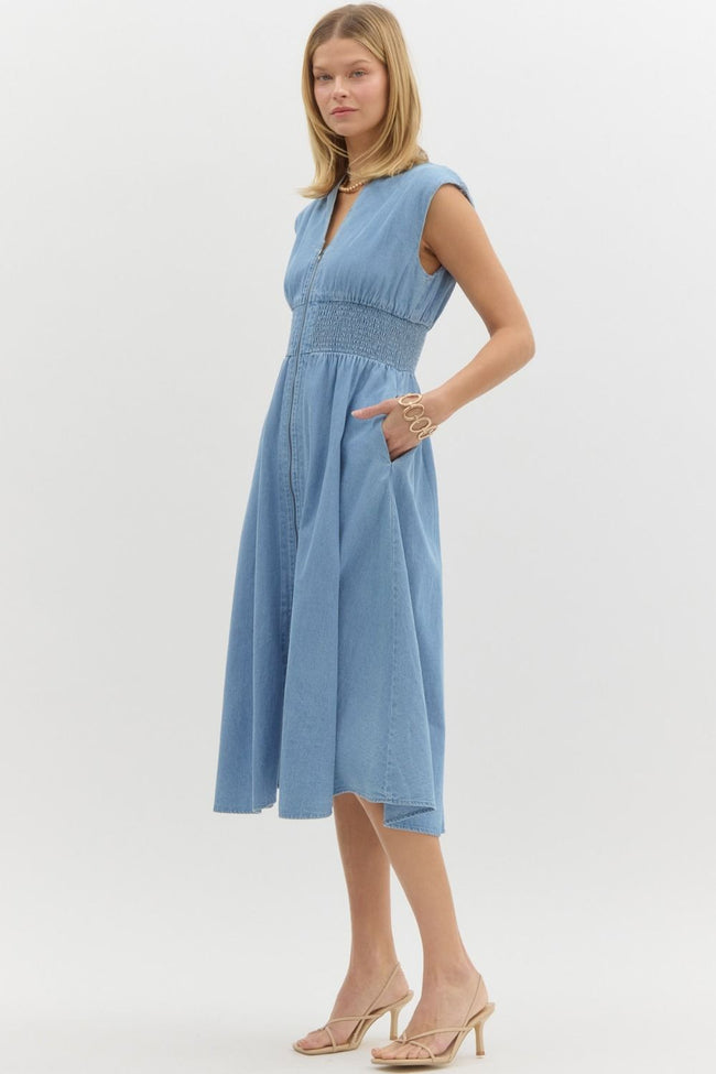 Denim Cap Sleeve ZIp Up Dress