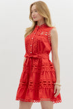 Red Lace Trim Pearl Button Mini Dress
