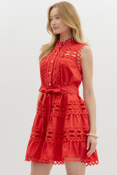 Red Lace Trim Pearl Button Mini Dress