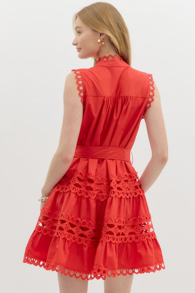 Red Lace Trim Pearl Button Mini Dress