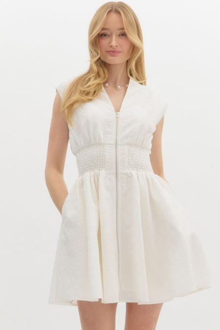 White Off Shoulder Ruching Mini Dress