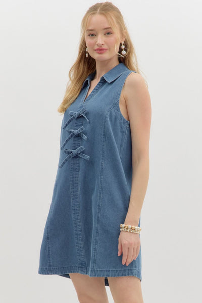 Denim Sleeveless Bow Detail Mini Dress