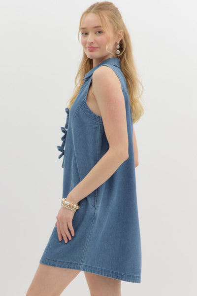 Denim Sleeveless Bow Detail Mini Dress
