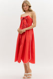 Red Bow Detail Scalloped Hem Midi Dress