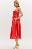 Red Bow Detail Scalloped Hem Midi Dress