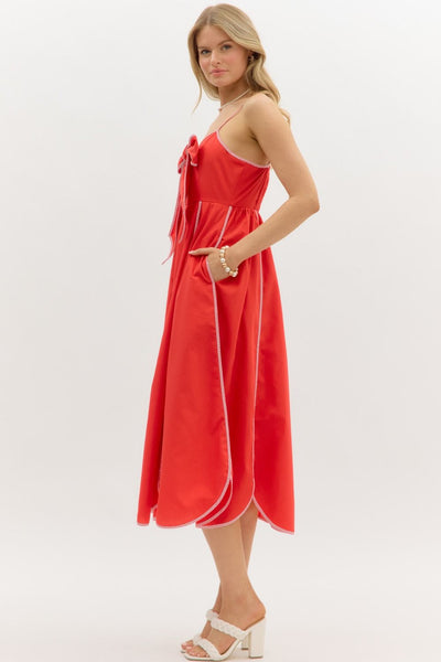 Red Bow Detail Scalloped Hem Midi Dress