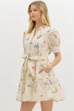 Cream Floral Puff Sleeve Mini Dress