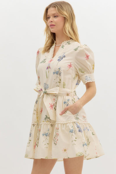 Cream Floral Puff Sleeve Mini Dress