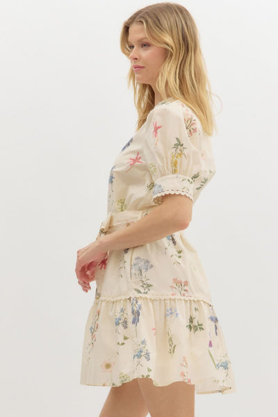 Cream Floral Puff Sleeve Mini Dress