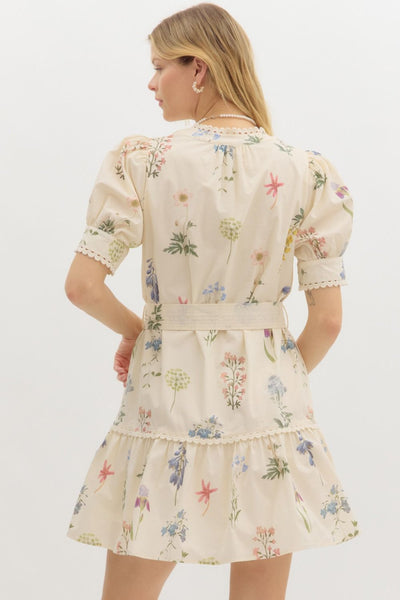 Cream Floral Puff Sleeve Mini Dress