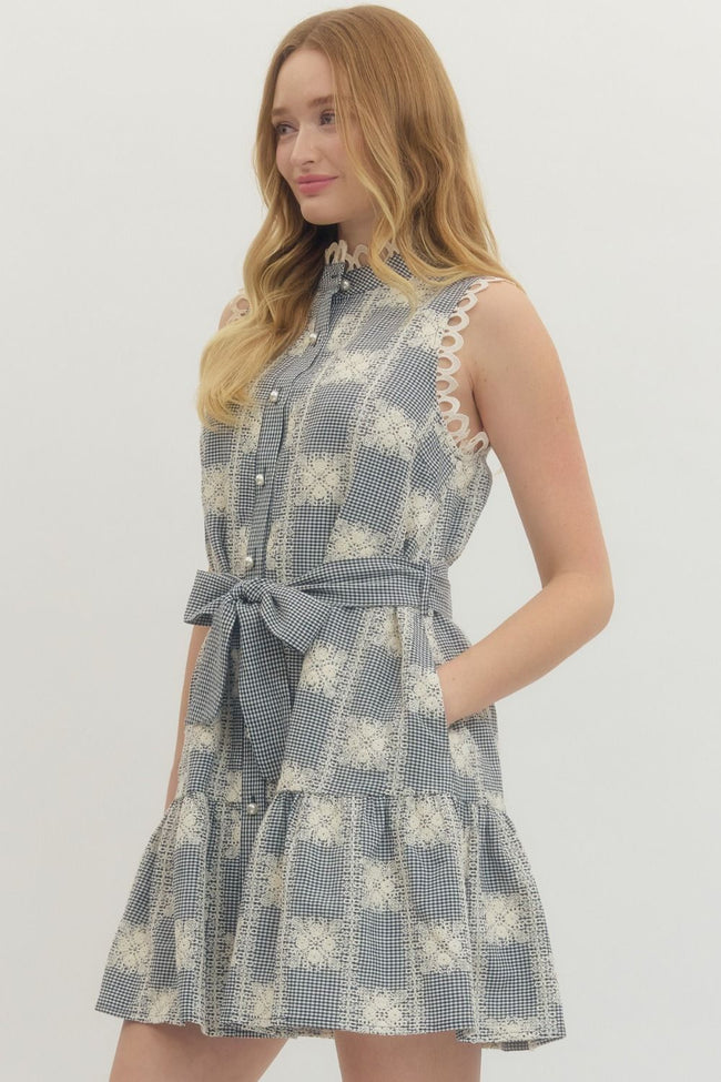 Navy Gingham Scalloped Sleeveless Dress