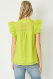 Chartreuse Colored Sheer Grid Print V Neck Ruffle Shoulder Sleeveless Top