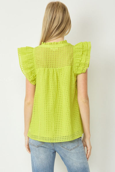 Chartreuse Colored Sheer Grid Print V Neck Ruffle Shoulder Sleeveless Top