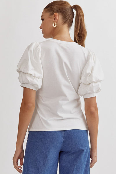 Off White Colored Bubble Sleeve Top