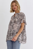 Charcoal Printed Short Sleeve Button Up Ruffled Sleeve Top
