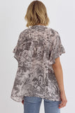 Charcoal Printed Short Sleeve Button Up Ruffled Sleeve Top