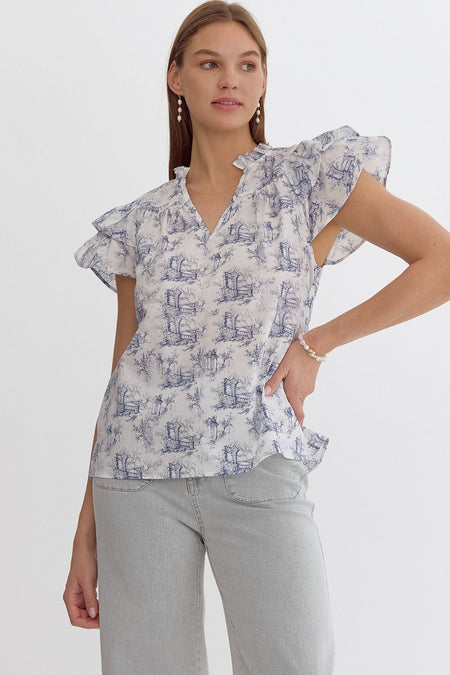 Navy Blue Colored Checkered Bubble Sleeve Embroidery Top