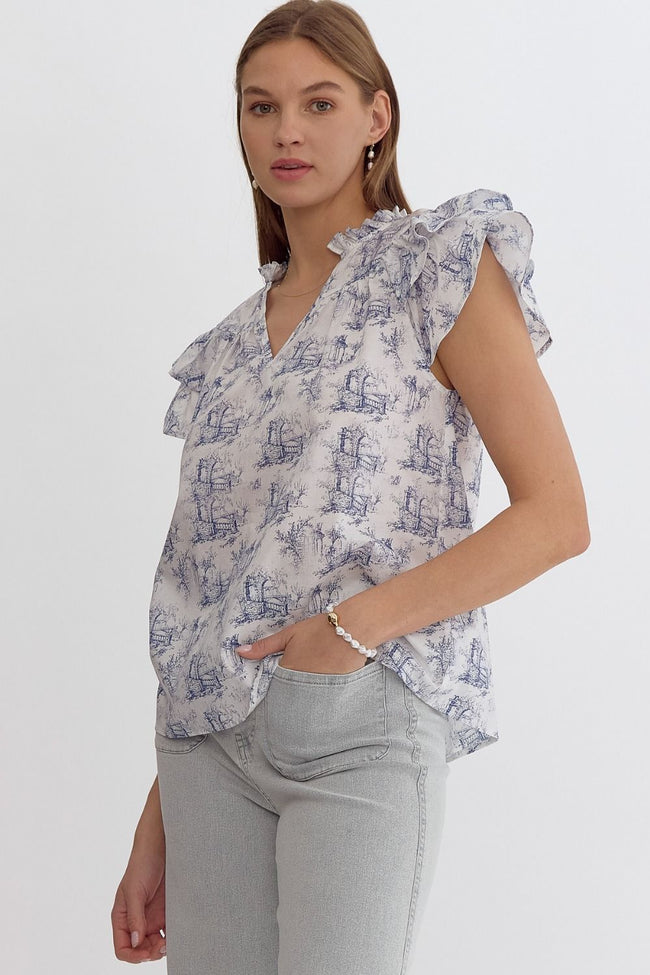 Blue and White Printed V Neck Ruffed Short Sleeve Top