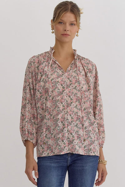 Oversized Neck Tie Floral Blouse