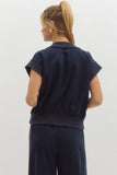 Navy Jersey Cap Sleeve Collared Top