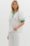 White Blouse With Blue & Green Details