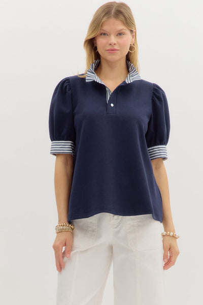 Navy Stripe Contrast Ruffle Neck Blouse