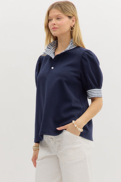 Navy Stripe Contrast Ruffle Neck Blouse