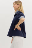 Navy Stripe Contrast Ruffle Neck Blouse
