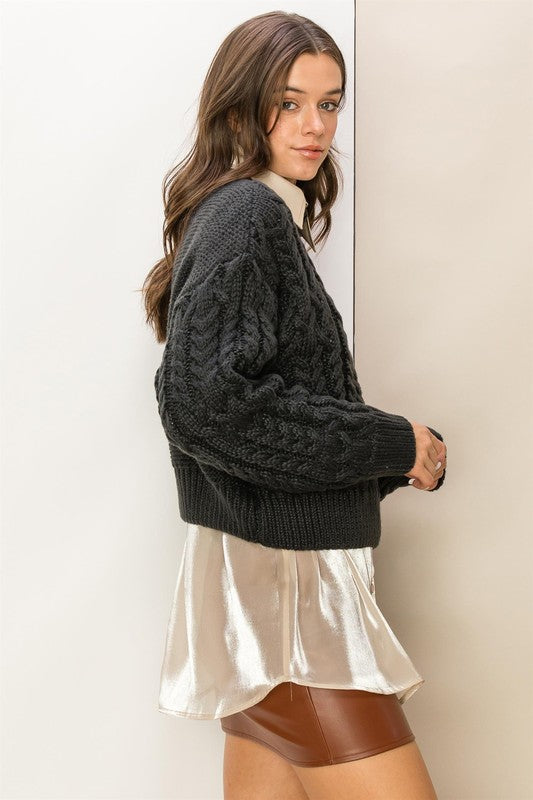 Dark Charcoal Colored Cable Knit High Neck Sweater