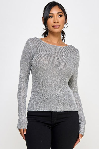 Silver Round Neck Long Sleeve Sweater