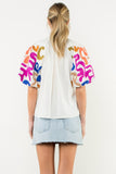 Embroidered Puff Sleeve V-Neck Top