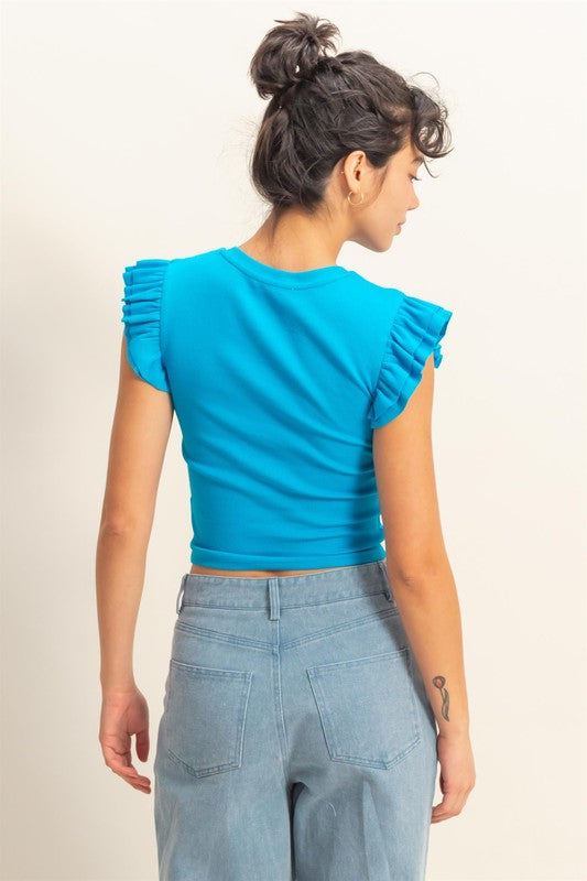 Blue Ruffle Sleeve Round Neck Top