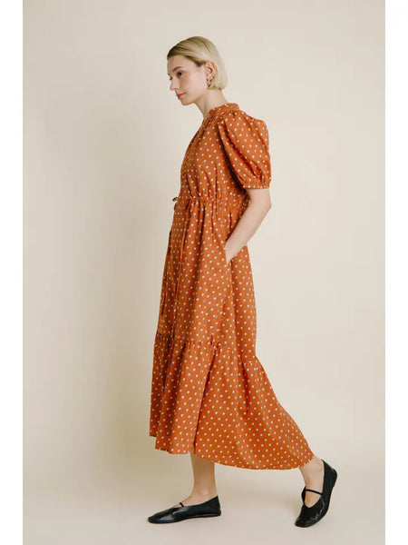 Terracotta Floral Midi Dress with Tie Detail